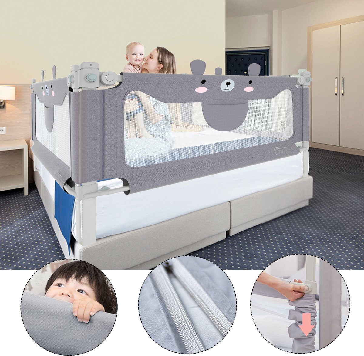 Froadp 200 cm valbeveiliging bed Babybedhekje Veiligheidshekje, in hoogte verstelbaar Babybedhekje Kinderbedhekje Bedhekje Geschikt voor kinder- en ouderschakels Veiligheidsbescherming