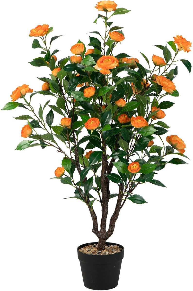 KOMFOTTEU 102 cm kunstmatige cameliaboom, kunstplanten in pot met natuurlijke bladeren en camelia, kunstplant voor binnen en buiten