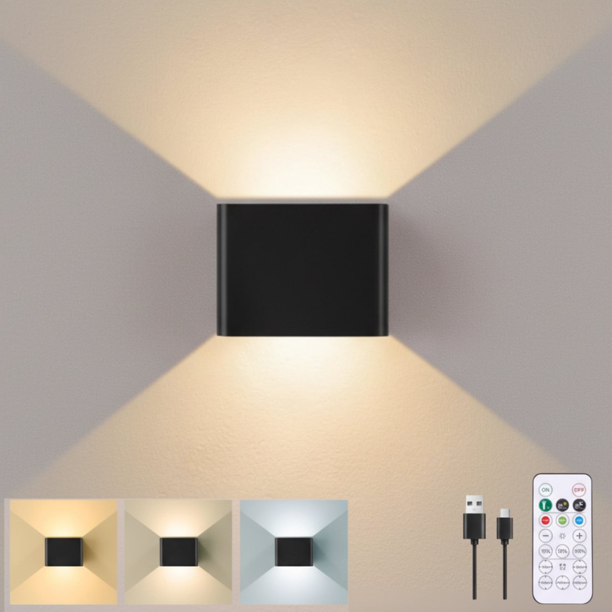Glowy Wandlamp Binnen - Draadloze Oplaadbare Wandlamp op Batterij - LED Wandlamp met Bewegingssensor - Dimbaar met Afstandsbediening - 5400 mAh - Zwart