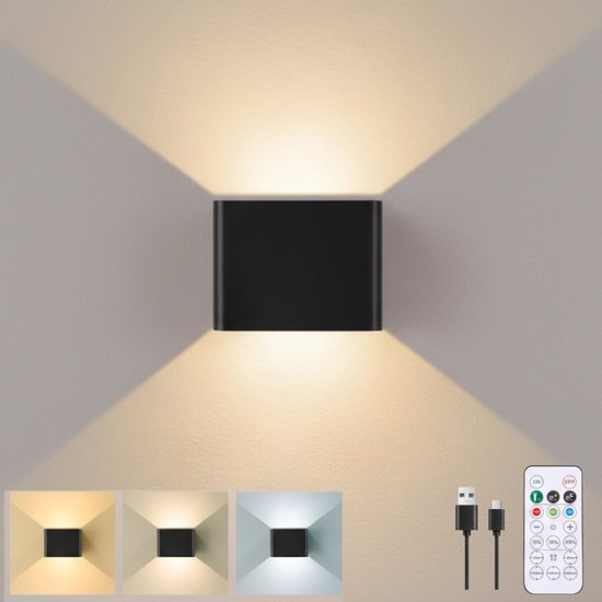 Lampe murale noire en forme de cube avec télécommande et câbles USB, montrant une chaleur réglable.