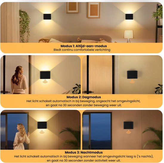 Zwarte vierkante wandlampen in een woonkamer, trap en bij een raam, tonen de 3 modi: aan, dag en nacht.
