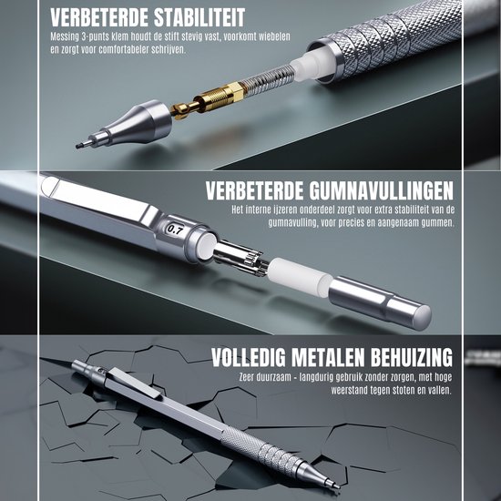 Een zilverkleurig mechanisch potlood met een metalen behuizing en schroefdraad grip.