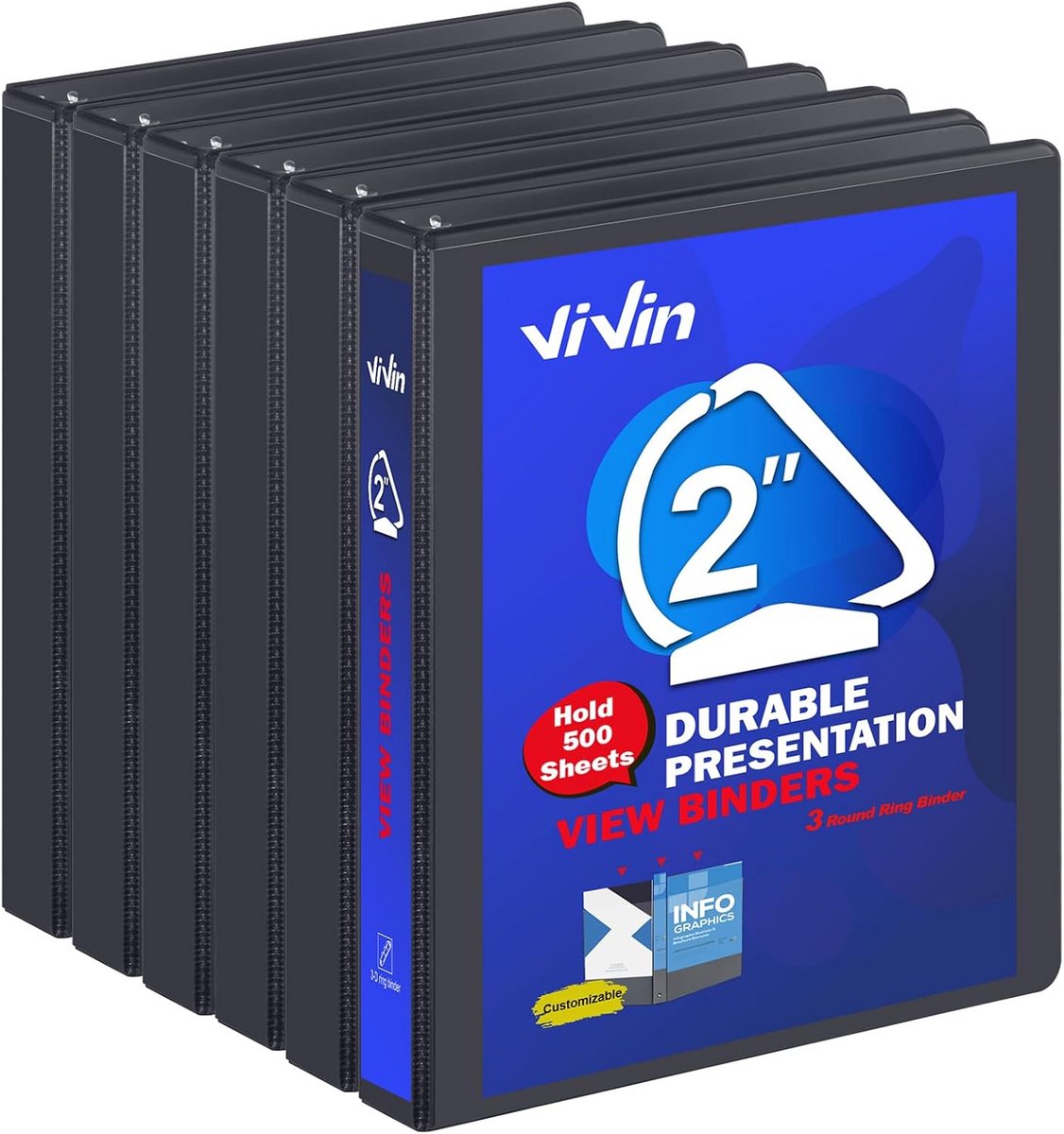 Set van 6 Zwarte 3-Ringen Ordner met D-Ringen | 50mm Ringmechanisme | Insteekhoes Voorzien