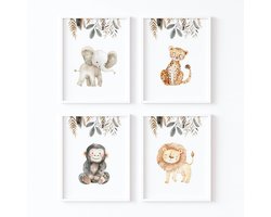 Set van 4 Posters Kinderkamer Safari Dieren - Olifant, Leeuw, Aap, Luipaard - Natuurlijke Babykamer Decoratie (A3)