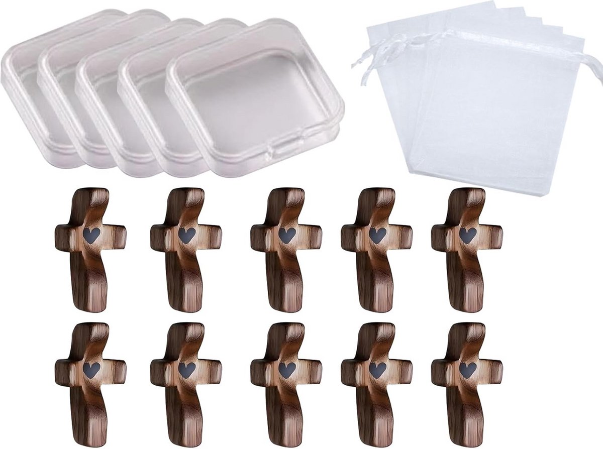10-delige Houten Kruis Stressbal Set - Zakformaat Gebedskruisjes met Hart voor Rust en Inspiratie