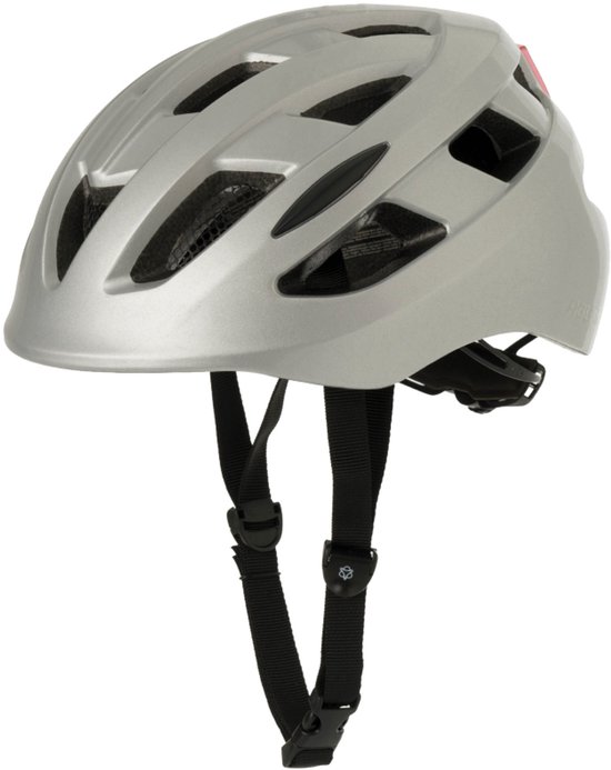 Zilveren AGU fietshelm met ventilatieopeningen en zwarte bandjes.