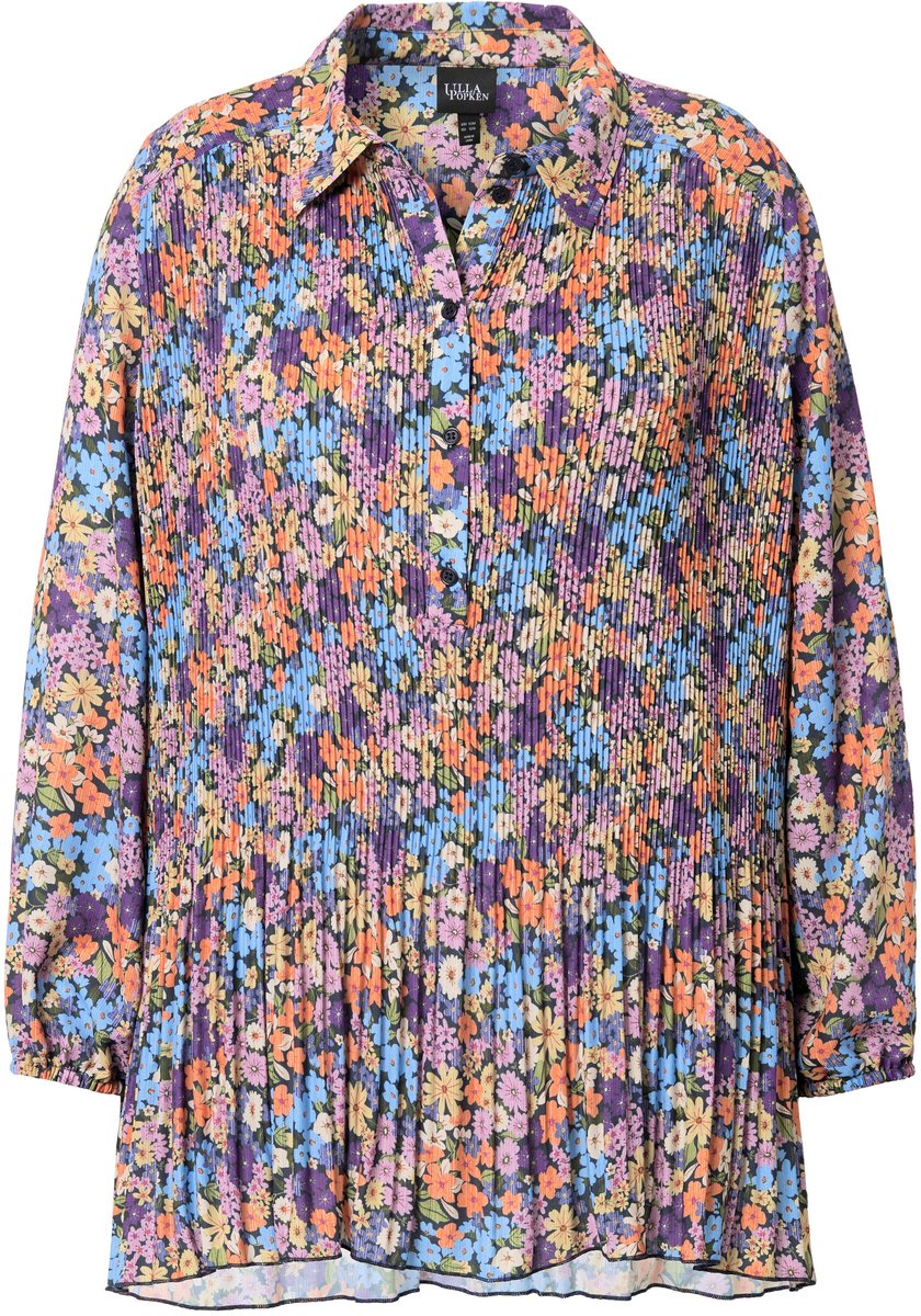 Ulla Popken - Dames - Geplooide blouse bloemen A-lijn overhemdkraag lange mouwen - Fel oranje - Maat 54+