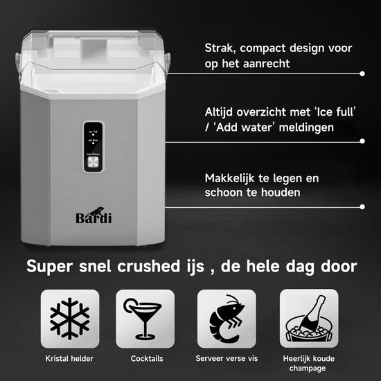 Bardi 1.1L - Nugget IJsblokjesmachine Square - Crushed Ice Maker met IJsschep - 15kg/24 uur - Ijsblokjesmaker - Met Luxe Thermosbeker - RVS met citruspers RVS van Merkloos — afbeelding 5
