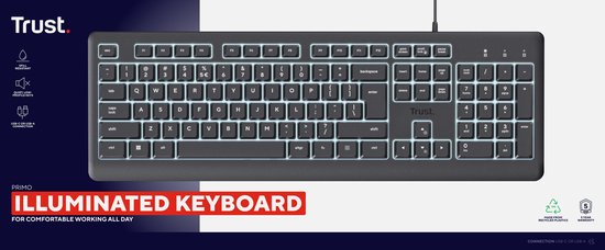 Zwart Trust Primo verlicht toetsenbord, QWERTY.