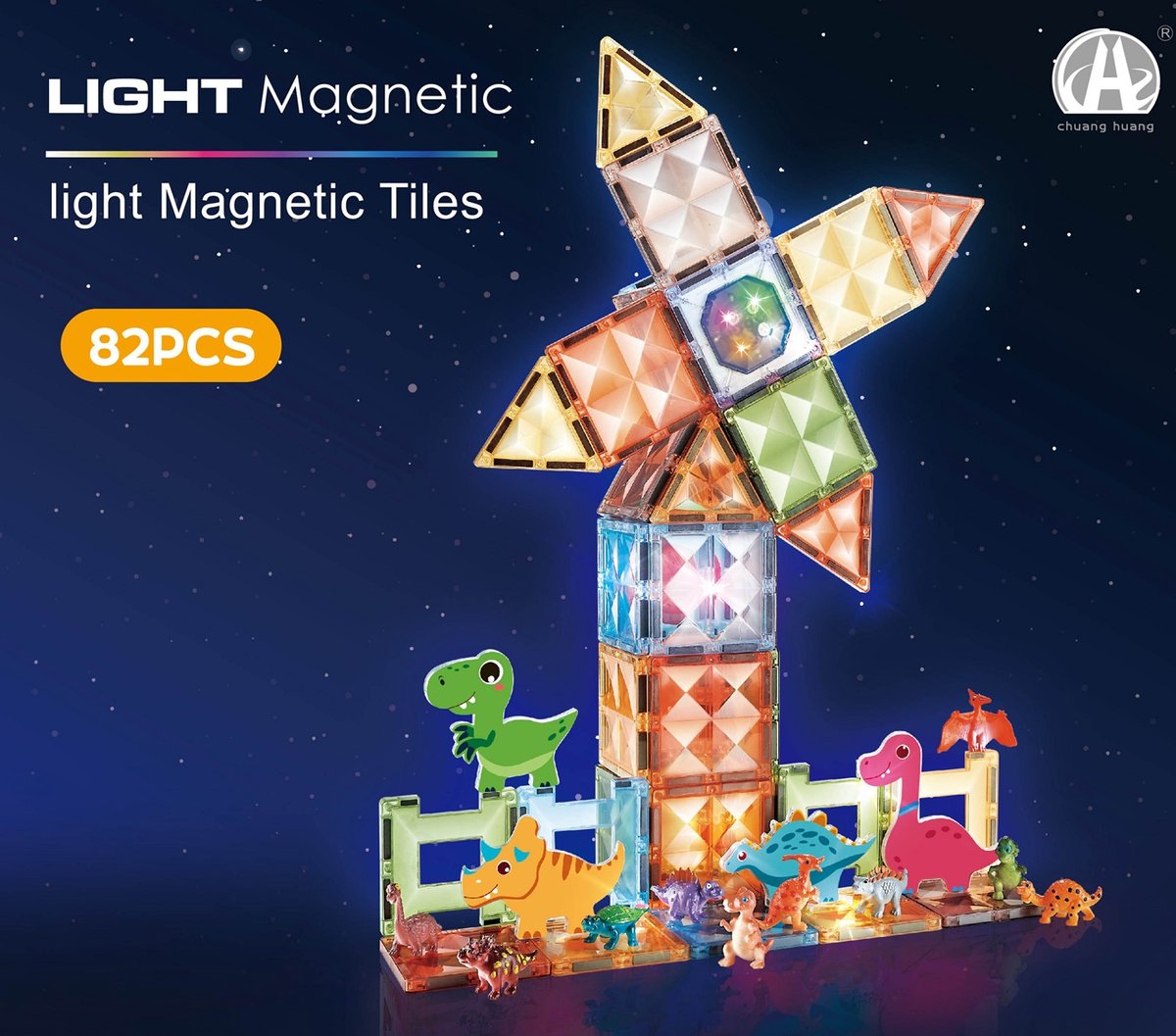 Magnetisch speelgoed met Licht – Manga Tiles - Mangnetisch bouwstenen -Dinosaurus speelgoed thema - Dino thema - 82-delige - Magnetische Bouwset – Educatief Constructiespeelgoed voor Kinderen