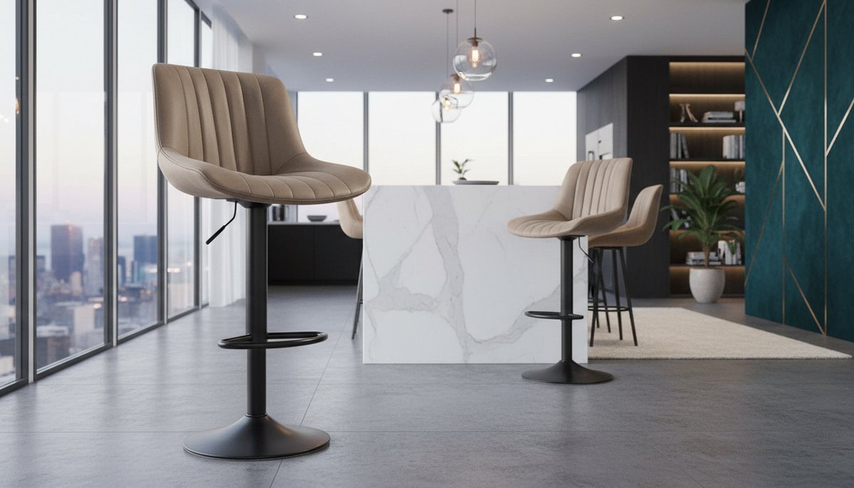 Barkruk Set van 2 House&Garden – Draaibare, In Hoogte Verstelbare Barstoelen met Rugleuning van PU-Kunstleer – Bruine Keukenkrukken voor Bar, Keukeneiland, Restaurant en Café