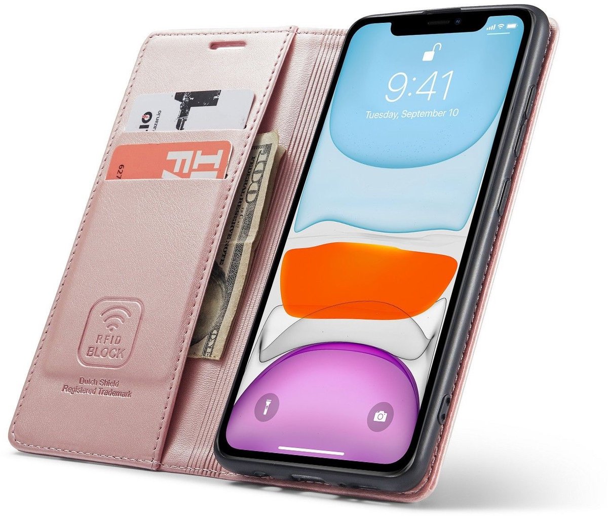 Hoesje Geschikt voor iPhone 12 Pro Max - Hoesje met Anti Skim Bescherming - Pasjes Bookcase - Roze - Luxe Telefoonhoesje Wallet Case Pasjeshouder PU Leder