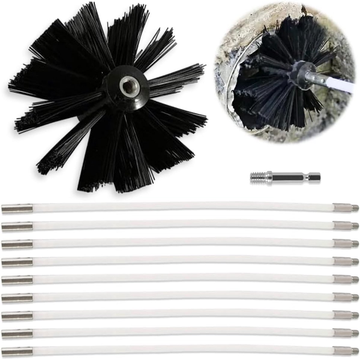 Flexibele Reinigingsborstel voor Schoorsteen en Rookkanalen - Complete Set met 9 Stangen