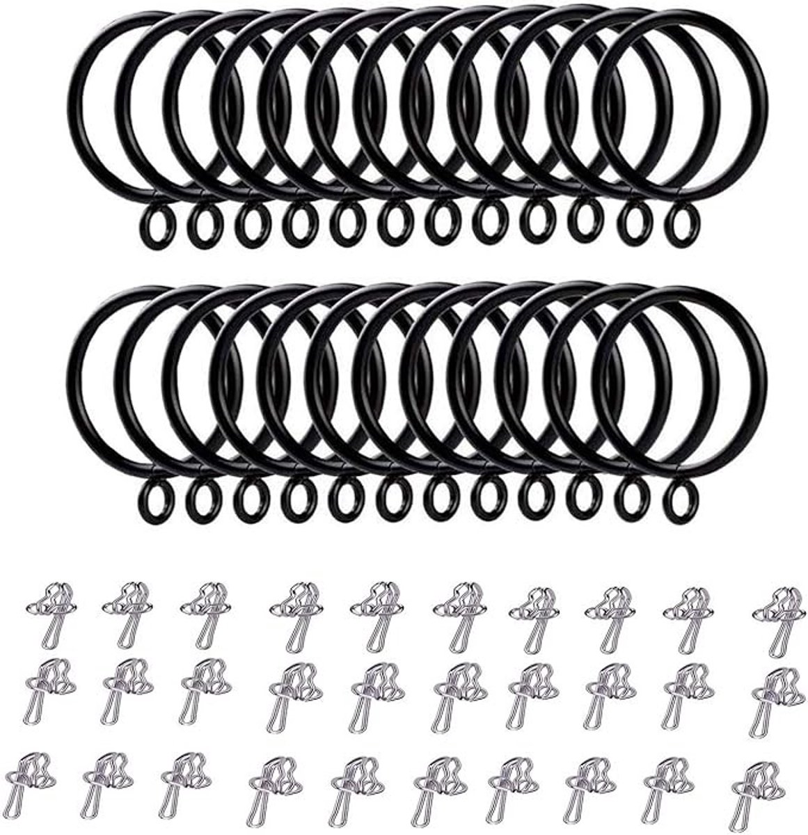 Stunq® Gordijnringen Set - 24 Stuks Metalen Haken - Zwarte Afwerking - Eenvoudige Montage