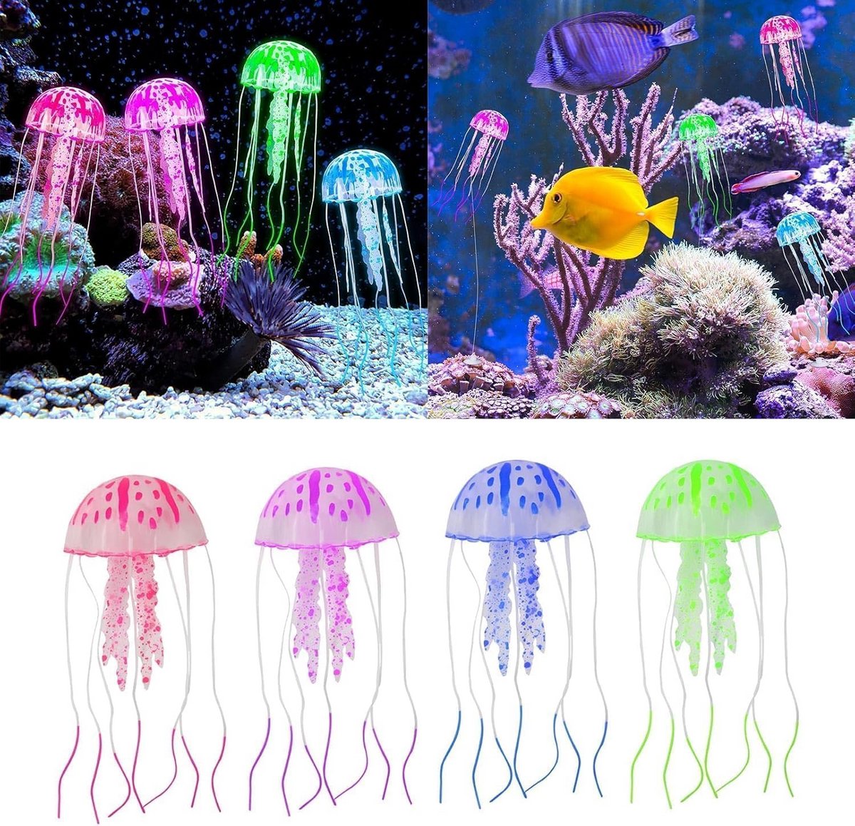 Kwallen Aquarium Decoratie - Zwemmend Ornament - Aquarium Verfraaien - Glow Effect - 4 Stuks - Gekleurd
