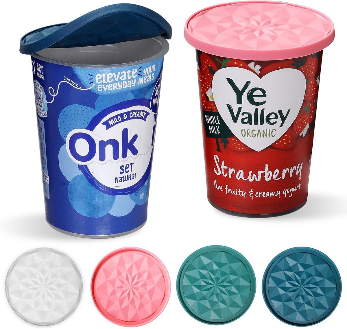 4x Herbruikbare Siliconen Deksel voor Yoghurtbeker/Kom - Lekvrij & Vaatwasserbestendig