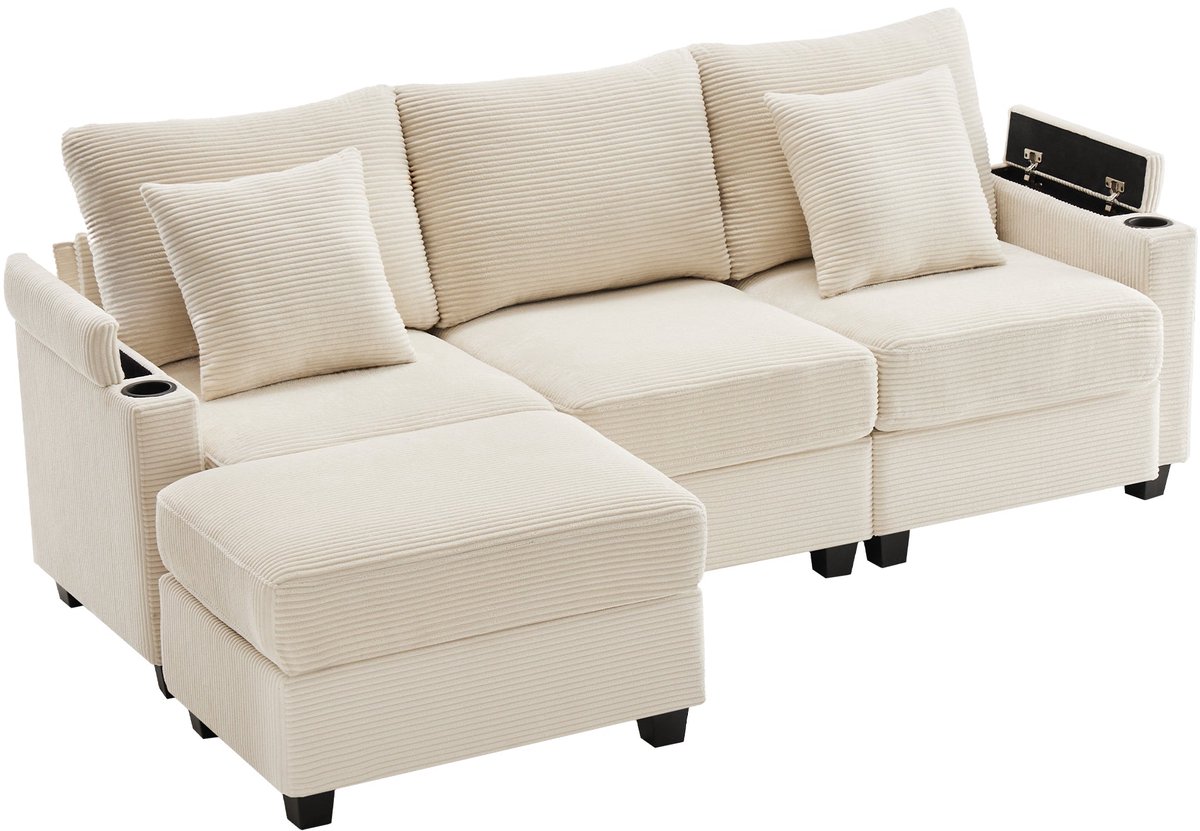 Merax L-Vormige Hoekbank Met Hocker En USB – 3/4-Zits Bankstel Met Opbergruimte - Bekerhouder En Telefoonhouder – Beige Ribstof – 213,5x139 Cm