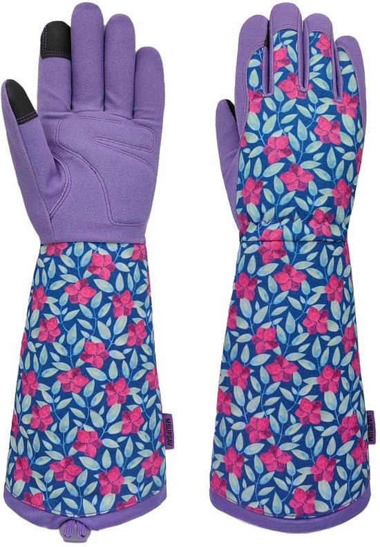 Paarse tuinhandschoenen met lange manchet in blauw met roze bloemen en groene bladeren patroon. Ook een close-up van de handschoen.