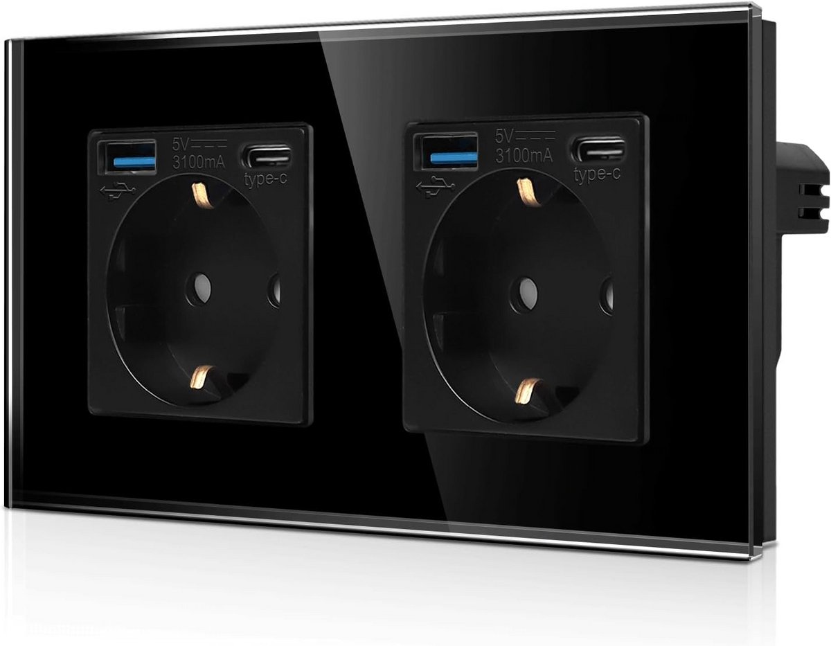 Inbouw Dubbel Stopcontact met 4 USB Poorten (2x USB-A + 2x USB-C) - 20W Snel Opladen - Zwart Glas