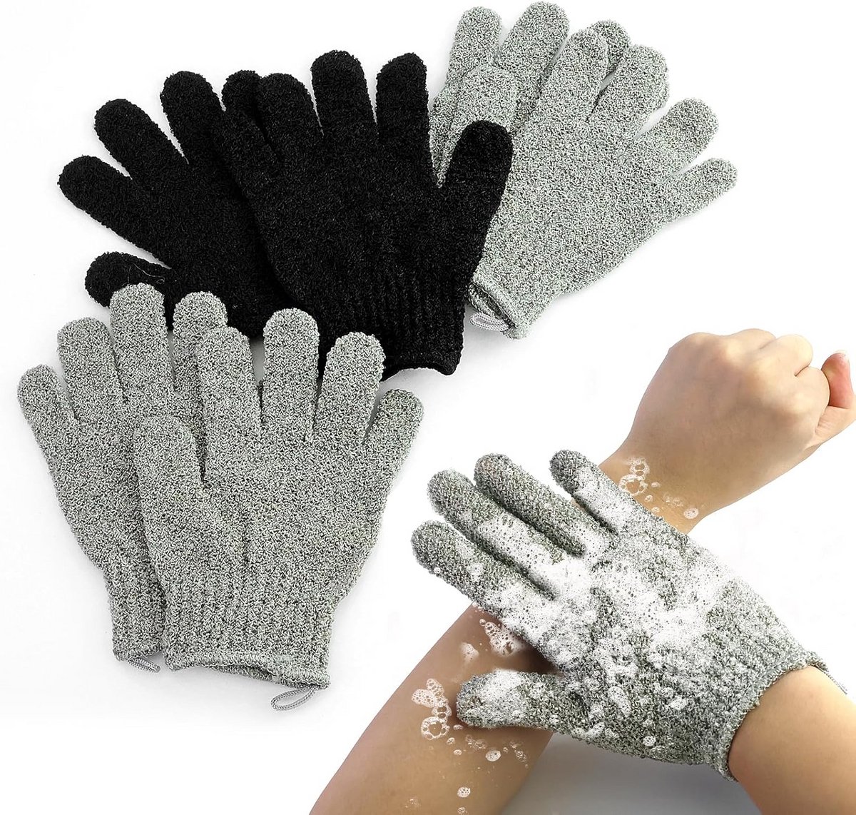 Peelinghandschoenen Set van 6 - Badhandschoenen - Douchehandschoenen - Spa/Massage - Hoogwaardig Polyester - Vijfvingerontwerp