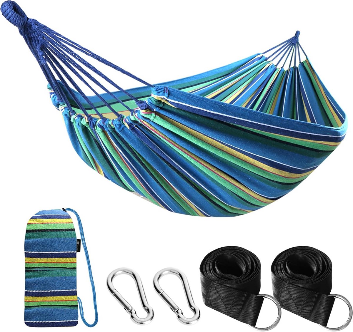 Outdoor Katoenen Hangmat 210 x 150 cm - Draagvermogen tot 200 kg - Draagbare Hangmat met Draagtas voor Tuin en Patio - Lichtgroen