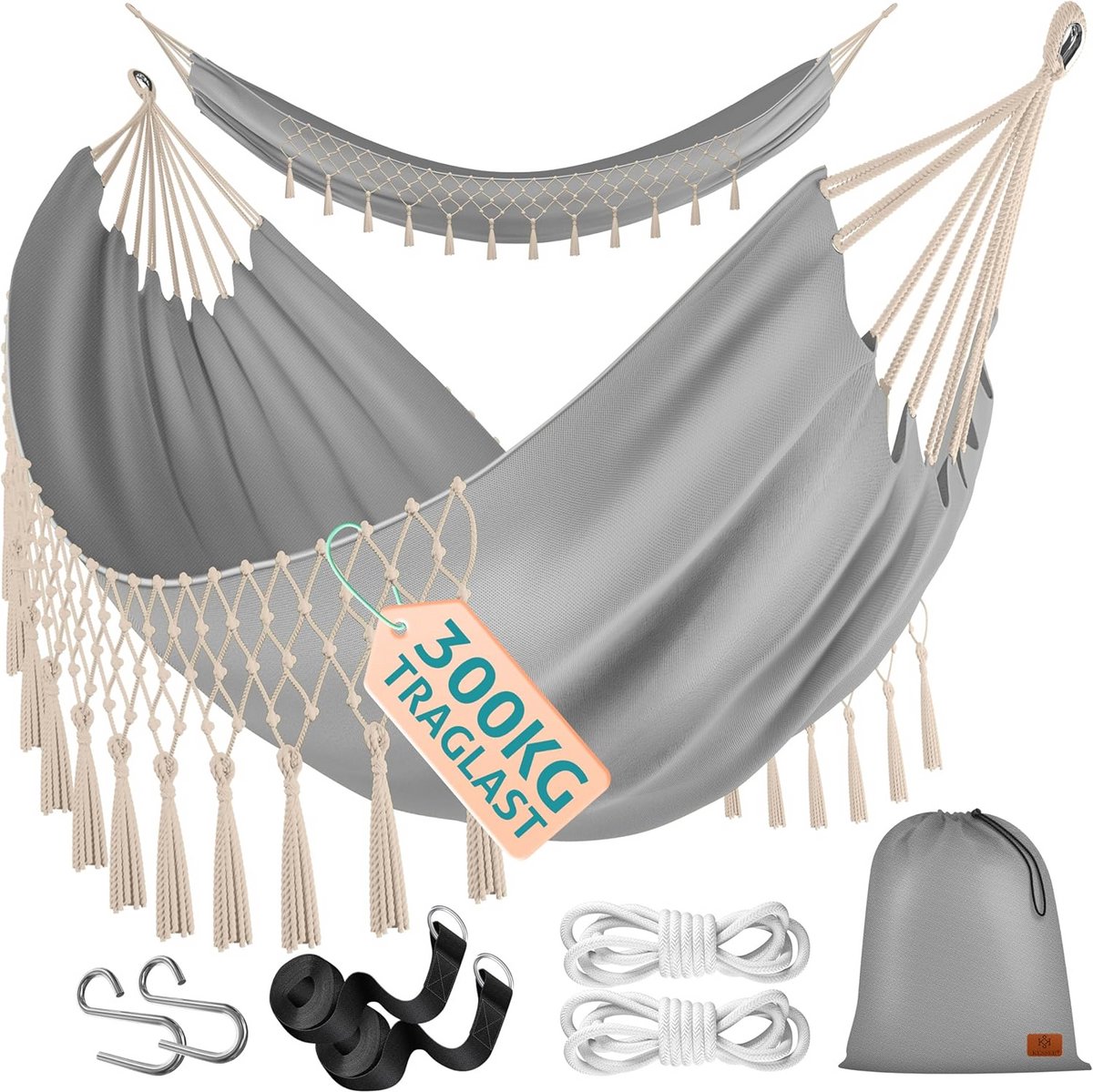 Hangmat tot 300 kg, 320 x 150 cm, voor 1-2 personen, ademend met franjes, weerbestendig voor camping of tuin