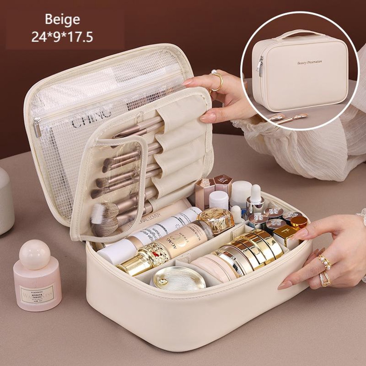Grote Cosmetic Organizer met Compartimenten XL – Beige