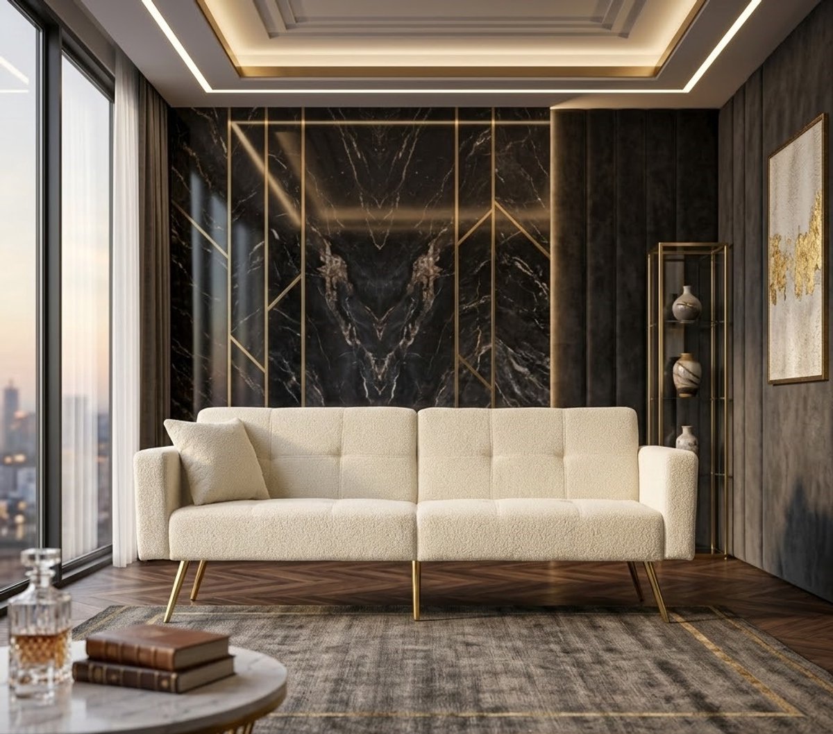 Serena Luxe Slaapbank met Bedfunctie – Verstelbare Hoekbank 2-Zits – Beige Teddystof – Gouden Poten – Met Kussens & Zij Opbergvakken - Casa Serena – Afmetingen op aanvraag – Casa Dorada