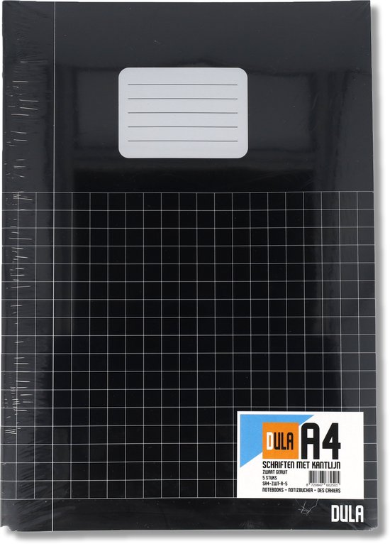 Zwart A4 DULA schrift met ruitjes, verpakt in plastic, met label.