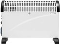 Witte elektrische kachel met zwarte accenten, grill aan de bovenzijde en twee zwarte voetjes.