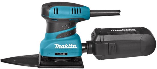 Turquoise en zwarte Makita schuurmachine met een delta schuurzool.