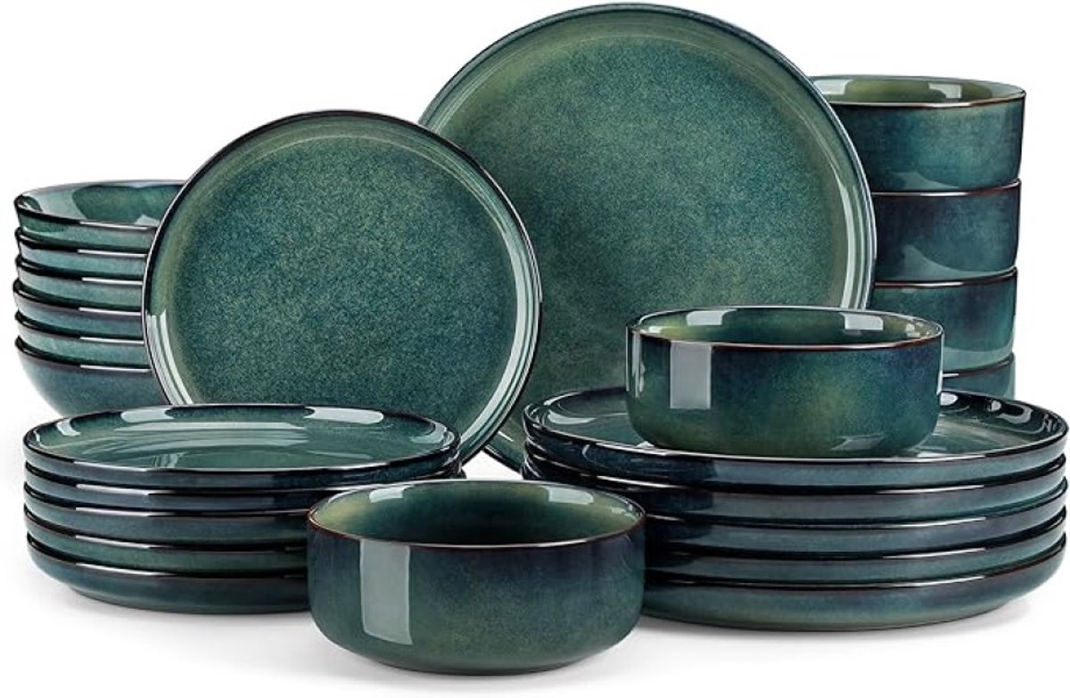 24-delige servies set voor 6 personen, groene sterrenborden en kommen, krasvast en vaatwasserbestendig