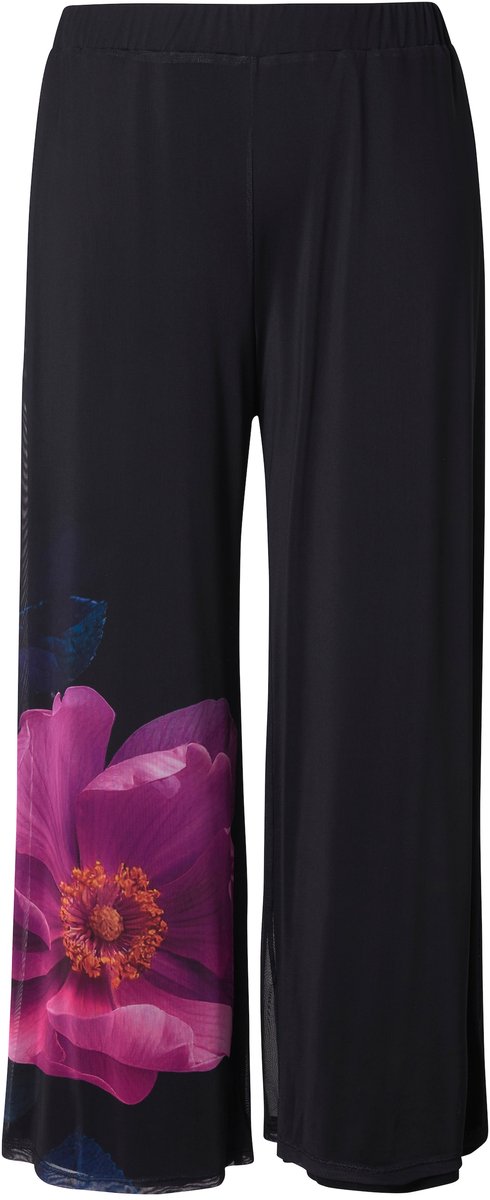 Ulla Popken - Dames - Chiffonbroek bloemen dubbellaags elastische tailleband - Zwart - Maat 58+