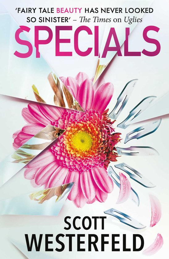 Boekomslag van 'Specials' van Scott Westerfeld, met een roze gerbera met scherpe, zilverkleurige haarspelden.