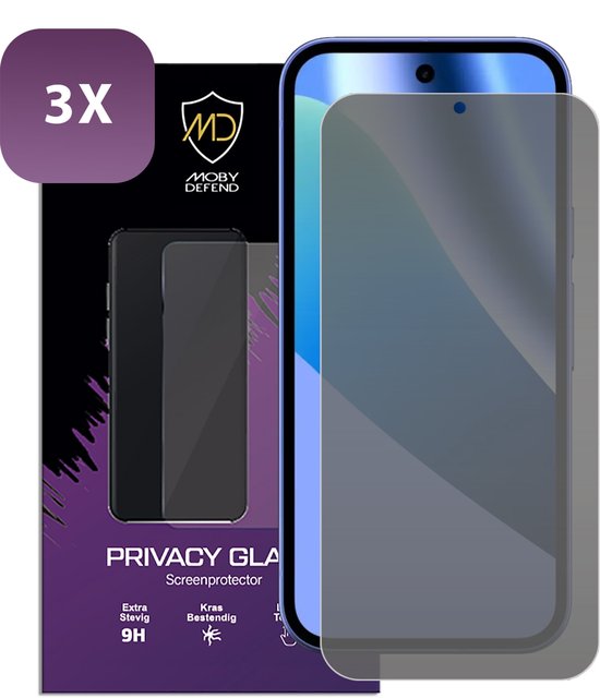 Verpakking met '3X' en MobyDefend privacy glass screenprotector. Een telefoon met de screenprotector erop.