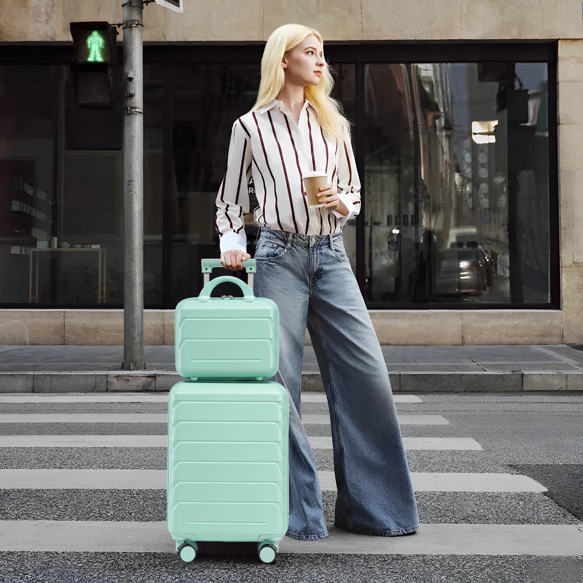Kofferset – 2 Delig 19 Inch Met 14 Inch Kosmetiekkoffer – Hardcase Abs – Mintgroen – Cijferslot – Voor Korte Reizen En Weekenduitstapjes