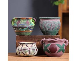 Yuccasly 4 Piece Ceramic Plant Pots Indoor Pots Set with Drainage Holes, Rustic Colorful Decorative Flower Pots for Small Plants Indoor and Outdoor, Cute Cactus/Bonsai Plant Pots