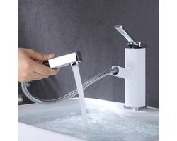 KAIYING Wastafelkraan met uittrekbare sproeier, wastafelmengkraan met enkele handgreep voor warm en koud water, uittrekbare wastafelkraan met draaibare uitloop (normaal, chroom en wit)