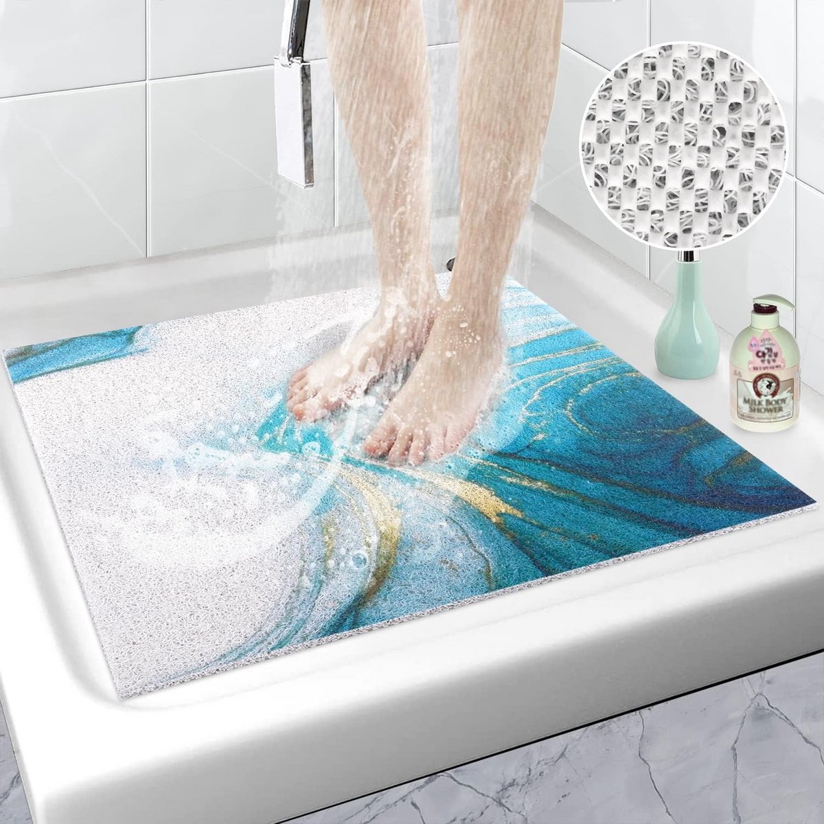 Vierkante douchemat, antislip, antischimmel, 80 x 80 cm, zachte comfortabele loofah-douche
