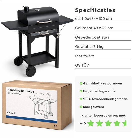 Cheqo® Houtskool Bbq - Barbecue Op Wielen - Houtskool Bbq Met Deksel - Bbq Trolley - Zwarte Houtskool Bbq - Houtskool Grill - Buiten Barbecue van Merkloos — afbeelding 2