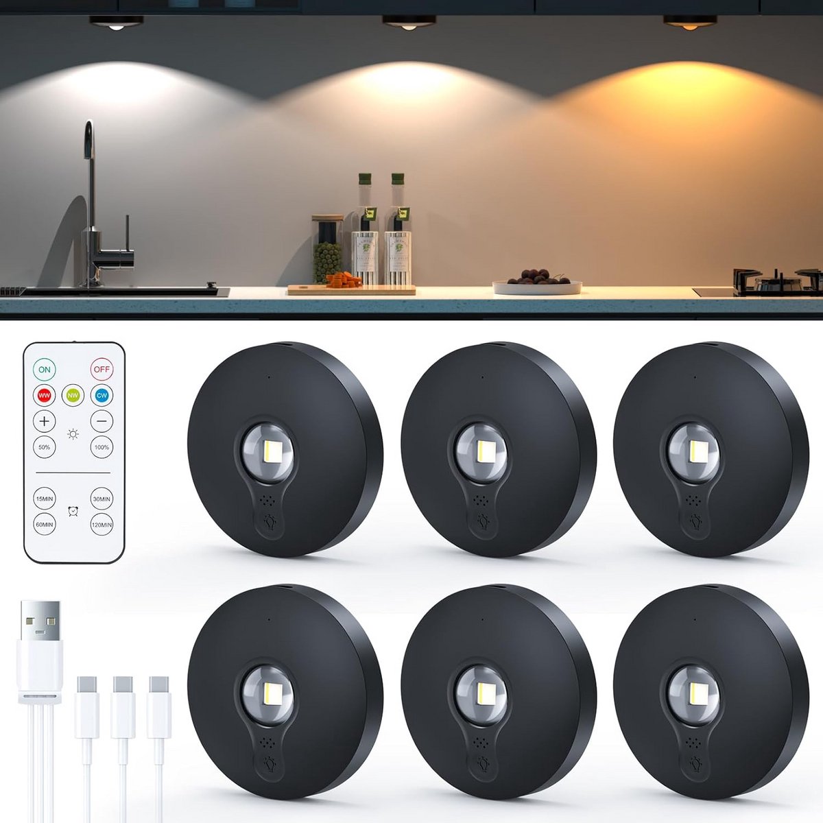 USB-oplaadbare LED-spotlamp Draadloze Verlichting voor Vitrines met Timerfunctie - Onderbouwverlichting en Kastverlichting met Magnetische Bevestiging