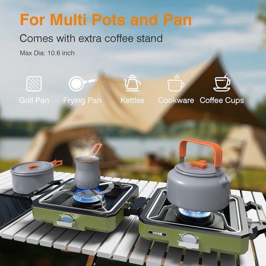 Draagbare Camping Kooktoestel met 2 Pitten en Windscherm - Inclusief Pan en Accessoires — afbeelding 4