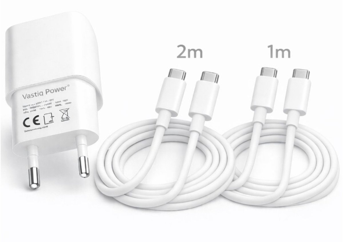 Vastiq Power® USB-C Oplader 20W Snellader Set – Power Delivery Adapter met 1m & 2m 60W USB-C Kabel – Snelladen – Wit