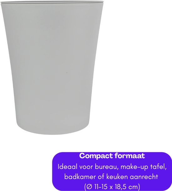 Grijze, conische miniprullenbak zonder deksel, geïsoleerd op witte achtergrond. Tekst: 'Compact formaat. Ideaal voor bureau, make-up tafel, badkamer of keuken aanrecht (Ø 11-15 x 18,5 cm)'.