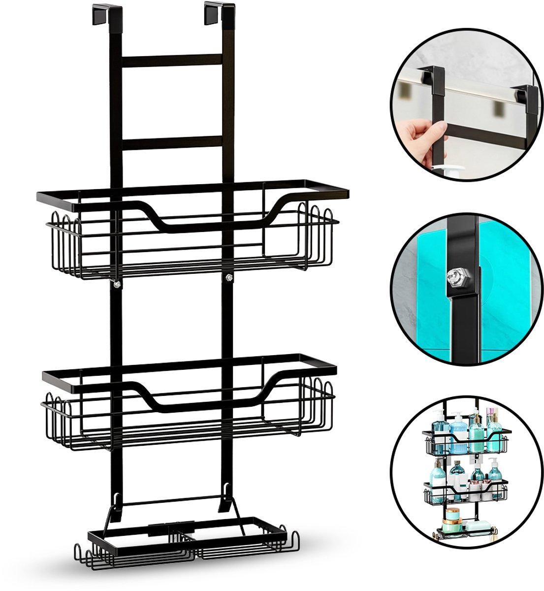 Nevana 3-laags Doucherek - Zonder boren - Doucherekje hangend - Douchemand - 31x12x60,5cm - 3 mandjes - Max. gewicht 30kg - Ophangsysteem - Badkamer - RVS - Zwart
