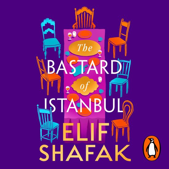 Het boek 'The Bastard of Istanbul' van Elif Shafak, met een paarsomslag waarop een tafel staat gedekt met oranje en blauwe stoelen eromheen.