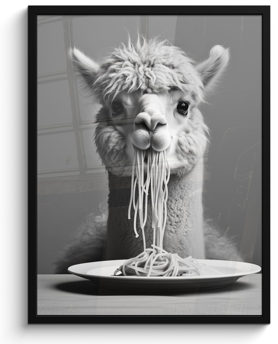 FrameYourWall Poster in lijst - Fotolijst 50x70 cm - Posters - Alpaca - Pasta - Zwart - Wit - Grappig - Dieren - Posterlijst zwart - Decoratie - Wanddecoratie woonkamer - Muurdecoratie slaapkamer