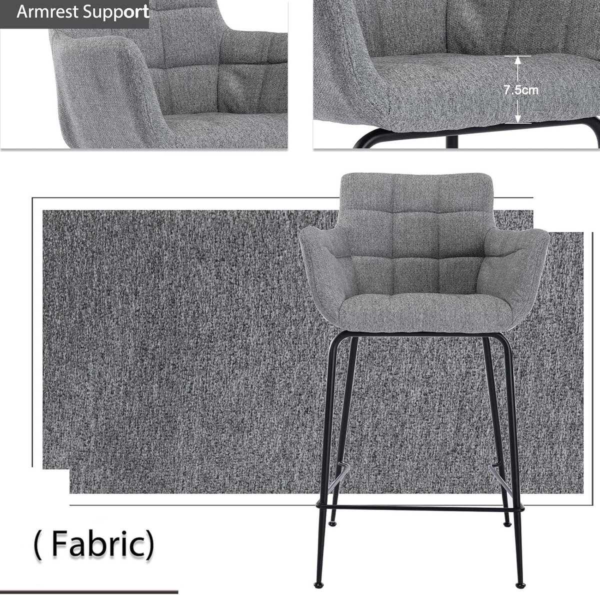 Barkrukken Set van 4 – House&Garden Modena Luxe Barstoelen met Rugleuning en Armleuningen – Grijs – Met Voetensteun – Moderne Hoge Keukenkrukken voor Keukeneiland, Ontbijtbar en Huisbar – 93,5 cm