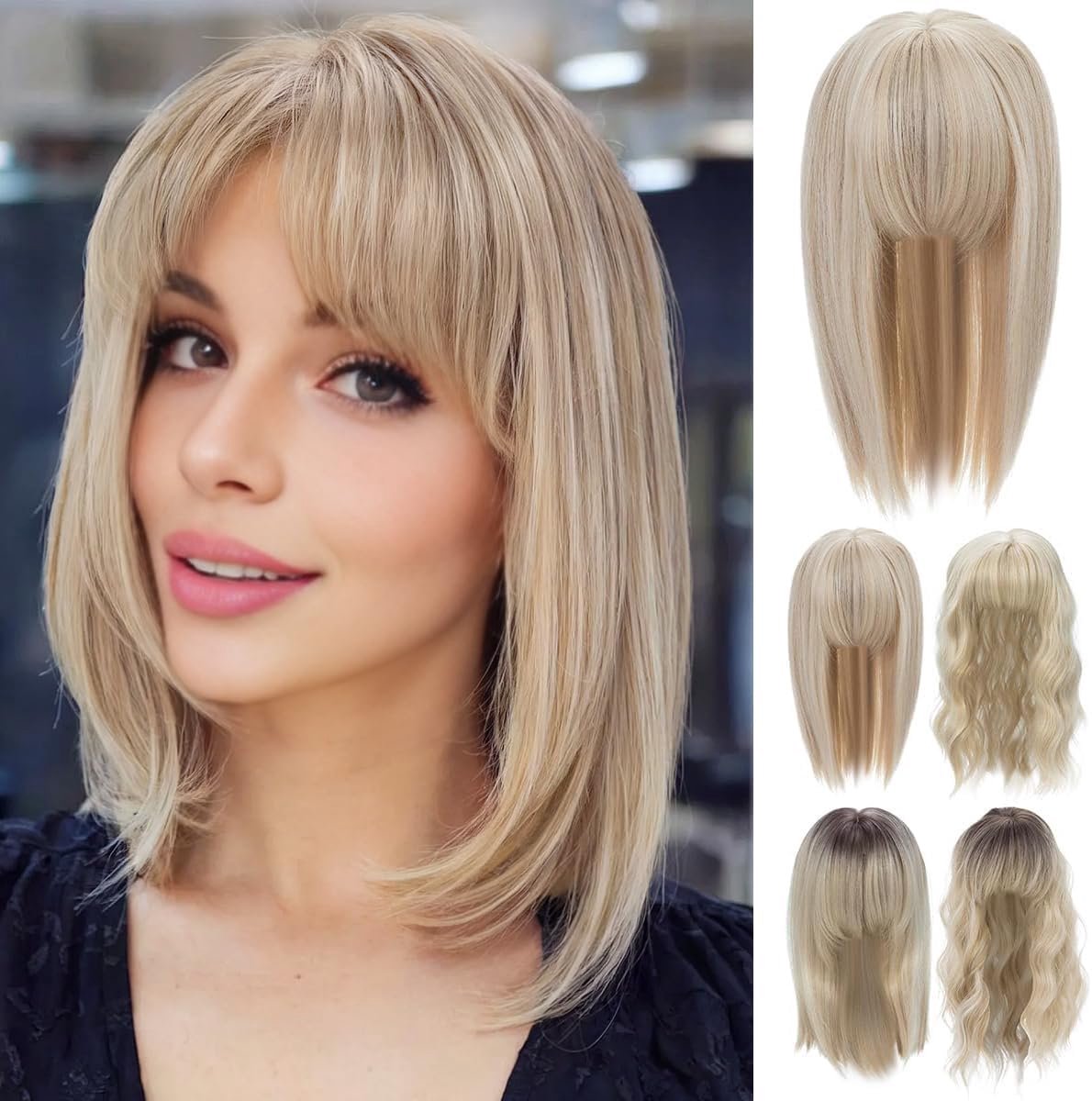Synthetische Haartopper 35 cm met Pony Asblond Mix voor Dames