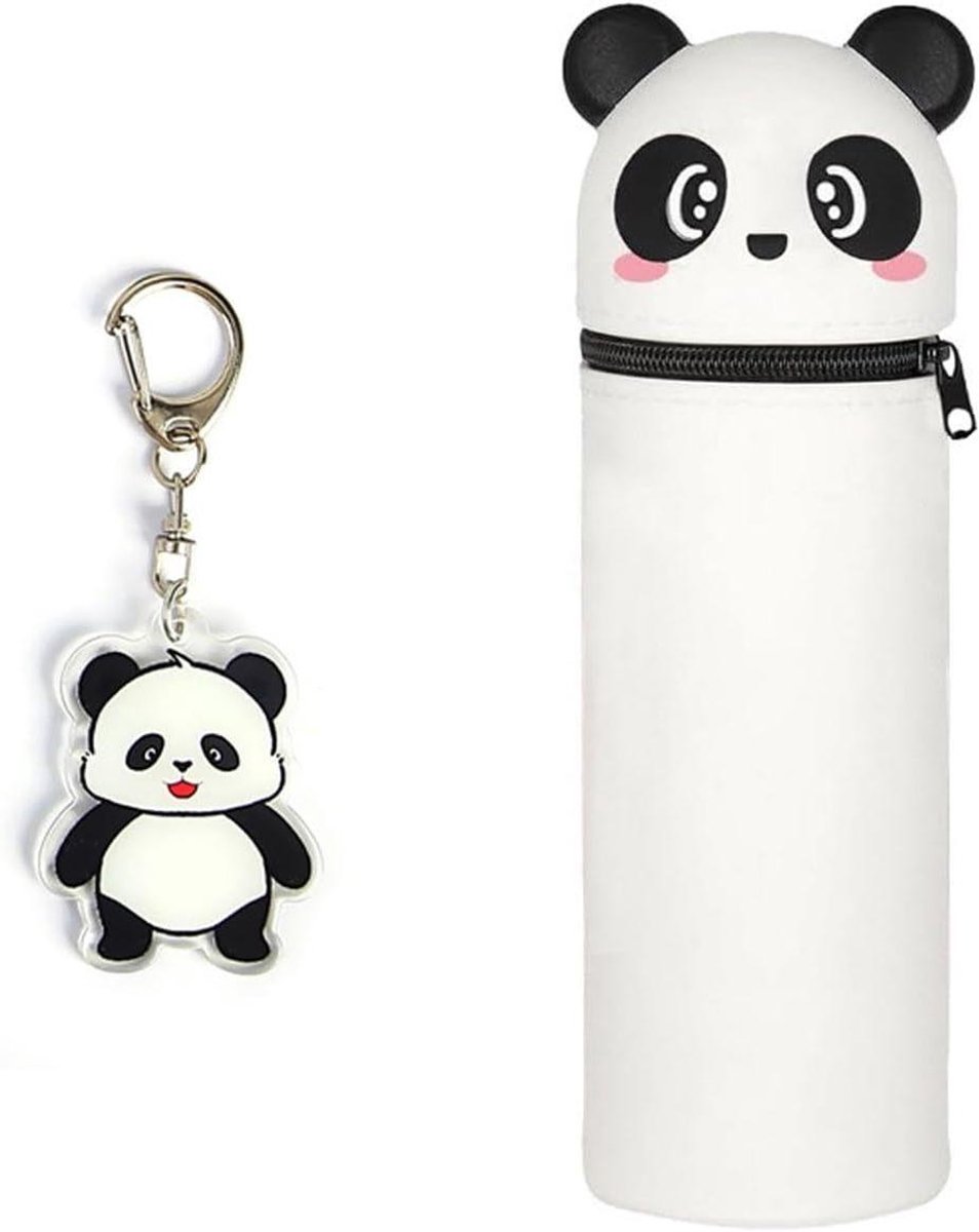 Pennenetui en sleutelhanger set met panda thema, schattig briefpapier, siliconen dieren etui, intrekbaar - school benodigdheden.